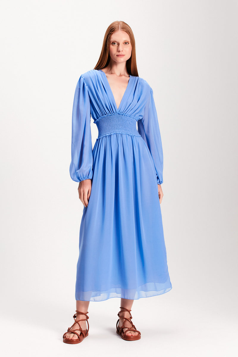 VESTIDO MIDI LASTEX MANGA LONGA AZUL (7893689860323)