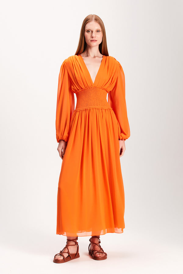 VESTIDO MIDI LASTEX MANGA LONGA LARANJA (7893689958627)