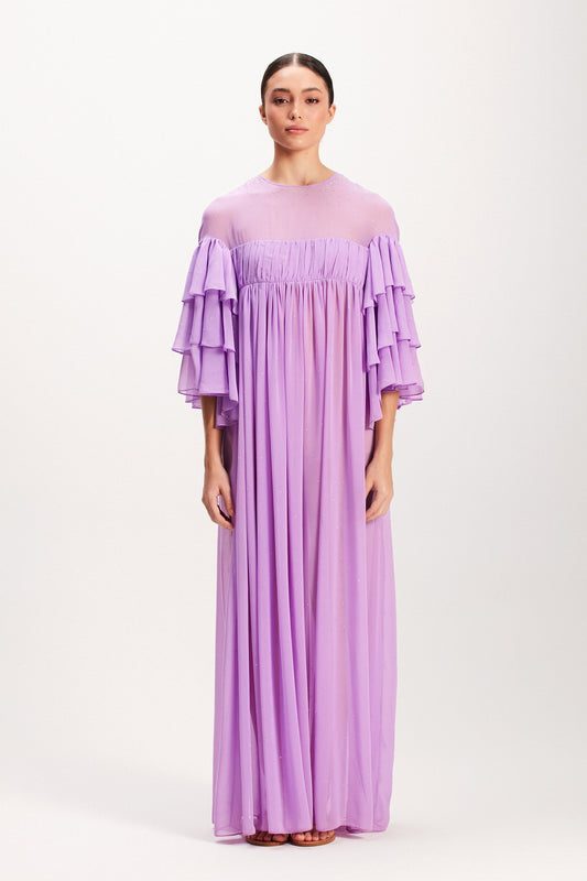 VESTIDO LONGO LILÁS MANGA BABADOS (7939248816355)