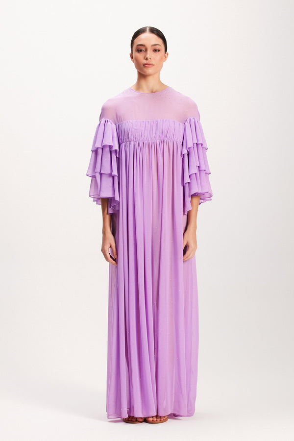 VESTIDO LONGO LILÁS MANGA BABADOS (7939248816355)