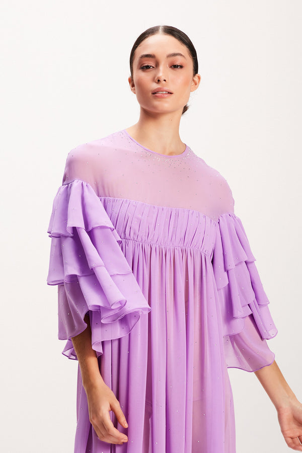 VESTIDO LONGO LILÁS MANGA BABADOS (7939248816355)