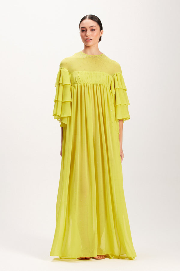 VESTIDO LONGO AMARELO MANGA BABADOS (7939248226531)