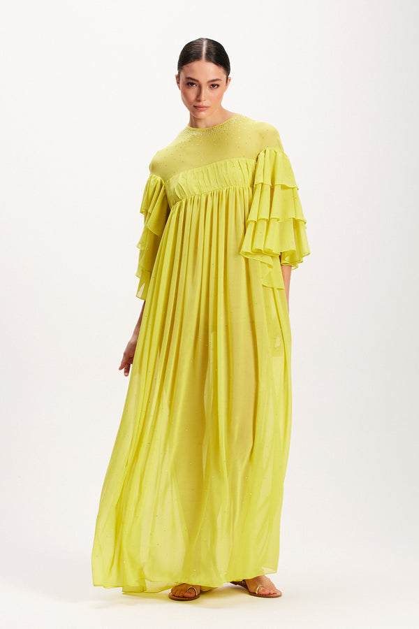 VESTIDO LONGO AMARELO MANGA BABADOS (7939248226531)