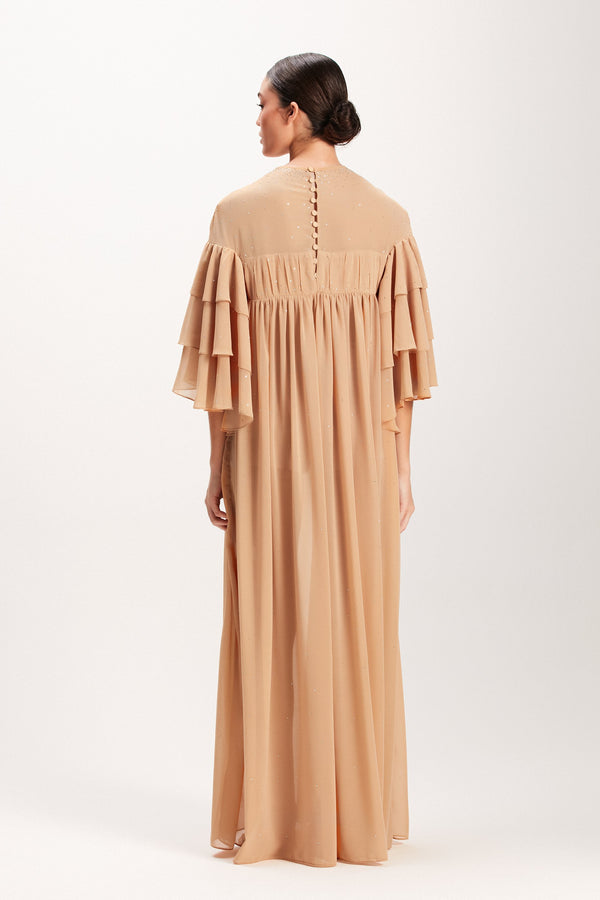 VESTIDO LONGO BEGE MANGA BABADOS (7939248554211)