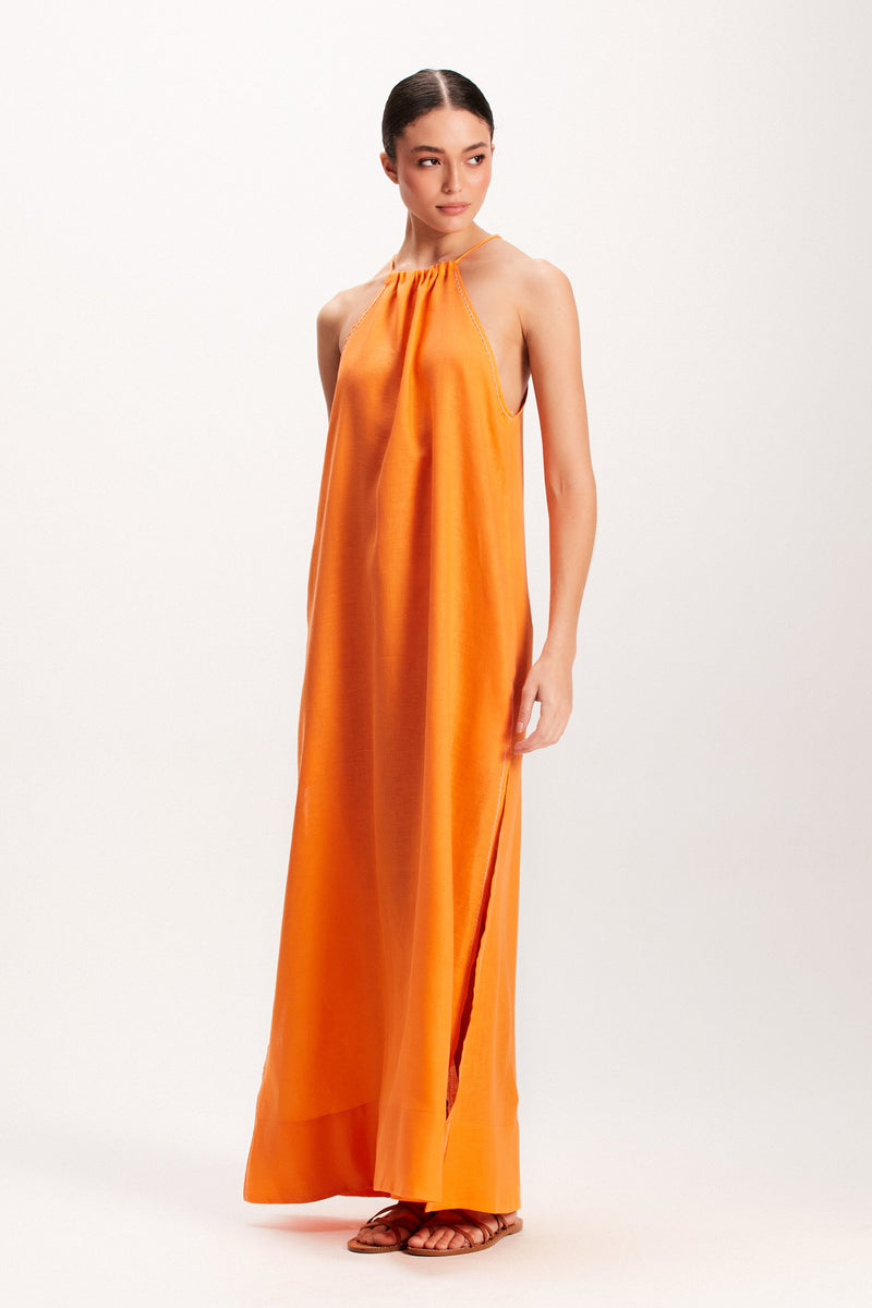 VESTIDO LINHO LARANJA LONGO NADADOR (7939247800547)