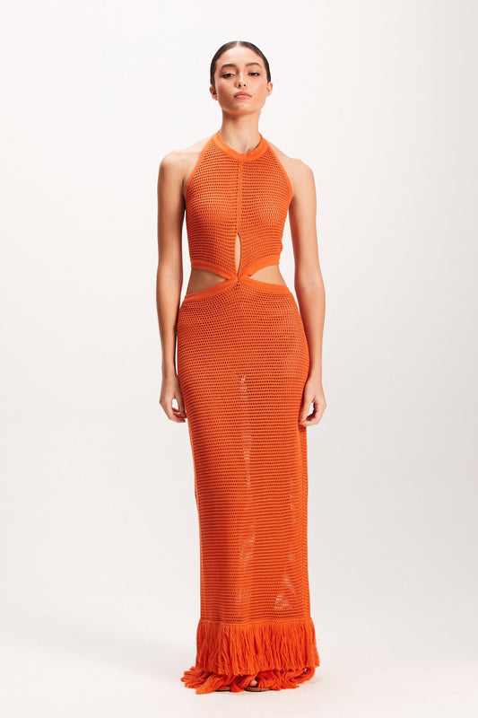 VESTIDO LONGO TRICOT LARANJA FRANJAS ABERTURA CINTURA (7939250684131)