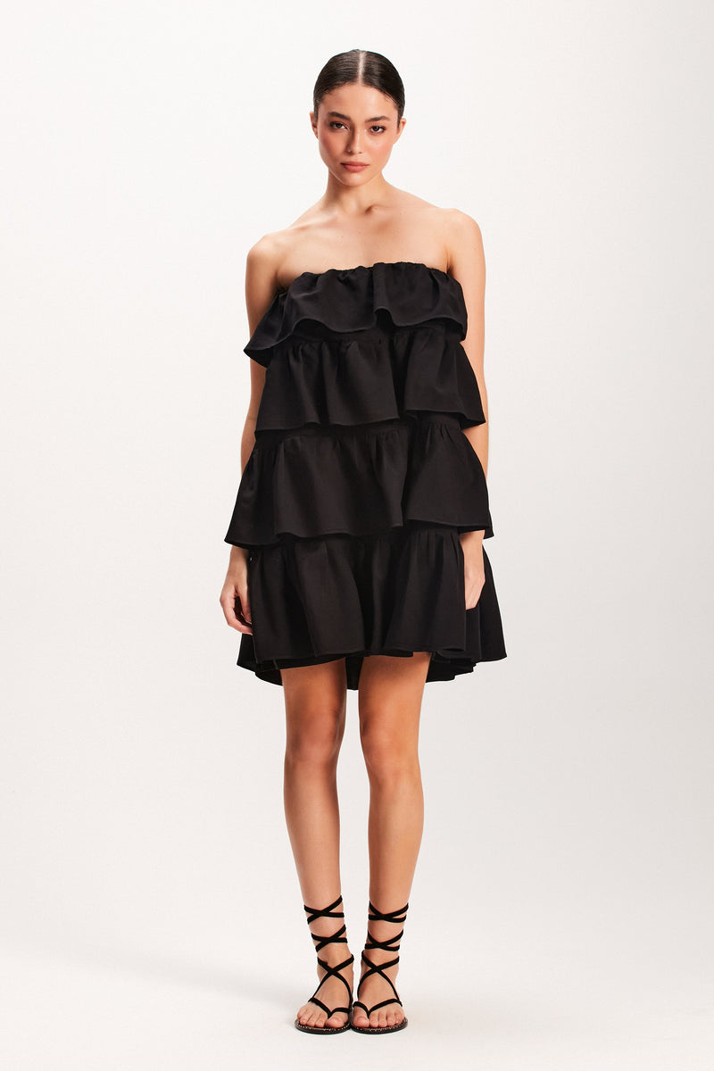 VESTIDO CURTO PRETO TOMARA QUE CAIA BABADOS (7939246588131)