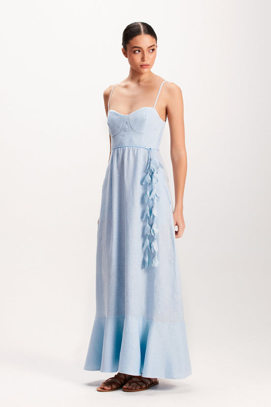 VESTIDO LONGO LINHO AZUL PEITO RECORTES (7939249012963)
