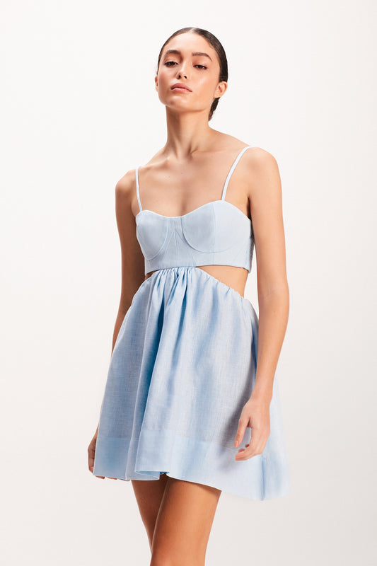 VESTIDO CURTO LINHO AZUL PEITO RECORTES (7939245244643)