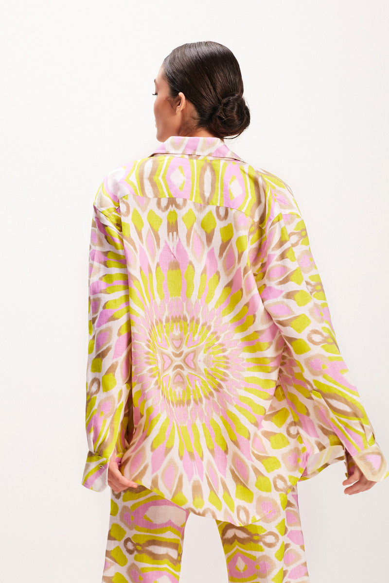 CAMISA LINHO ESTAMPA MANDALA  VERDE E ROSA (7939239805155)