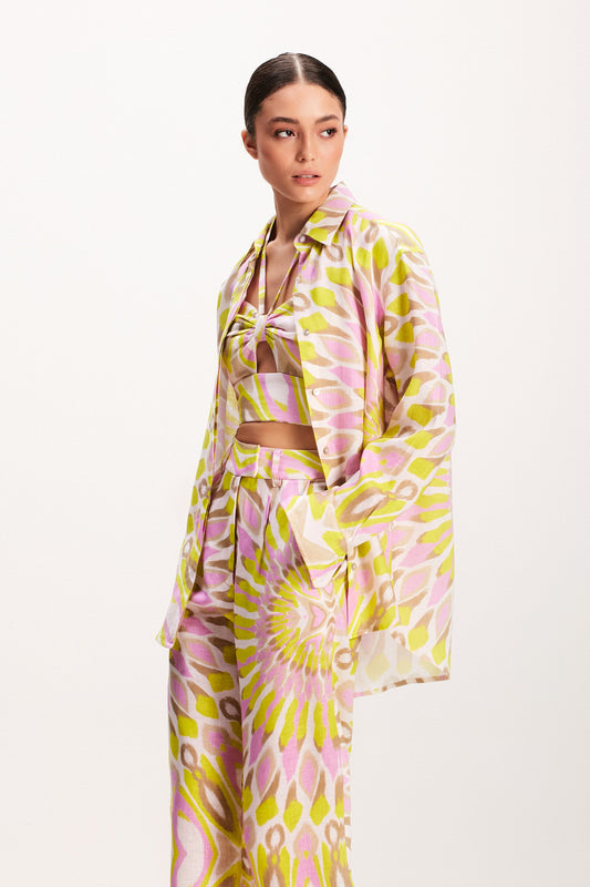 CAMISA LINHO ESTAMPA MANDALA  VERDE E ROSA (7939239805155)