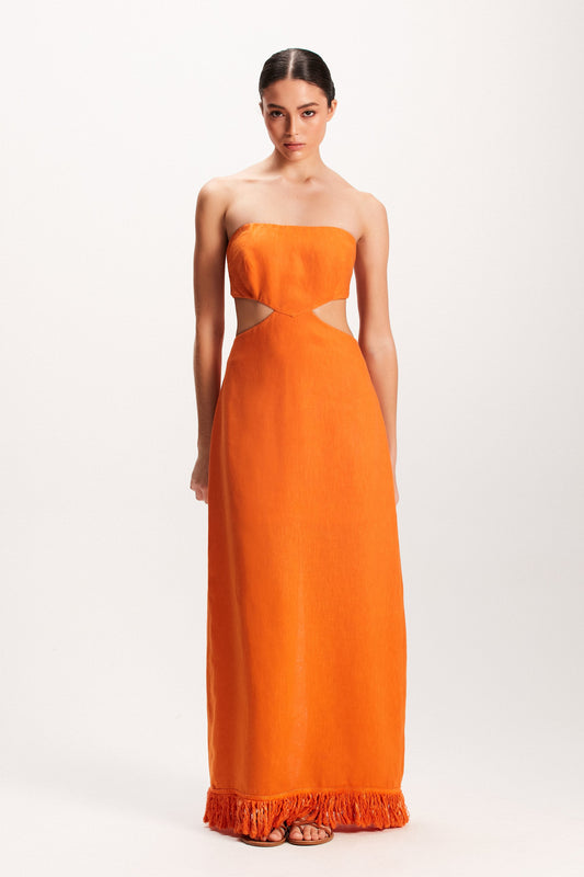 VESTIDO LONGO LINHO LARANJA FRANJAS (7939249373411)