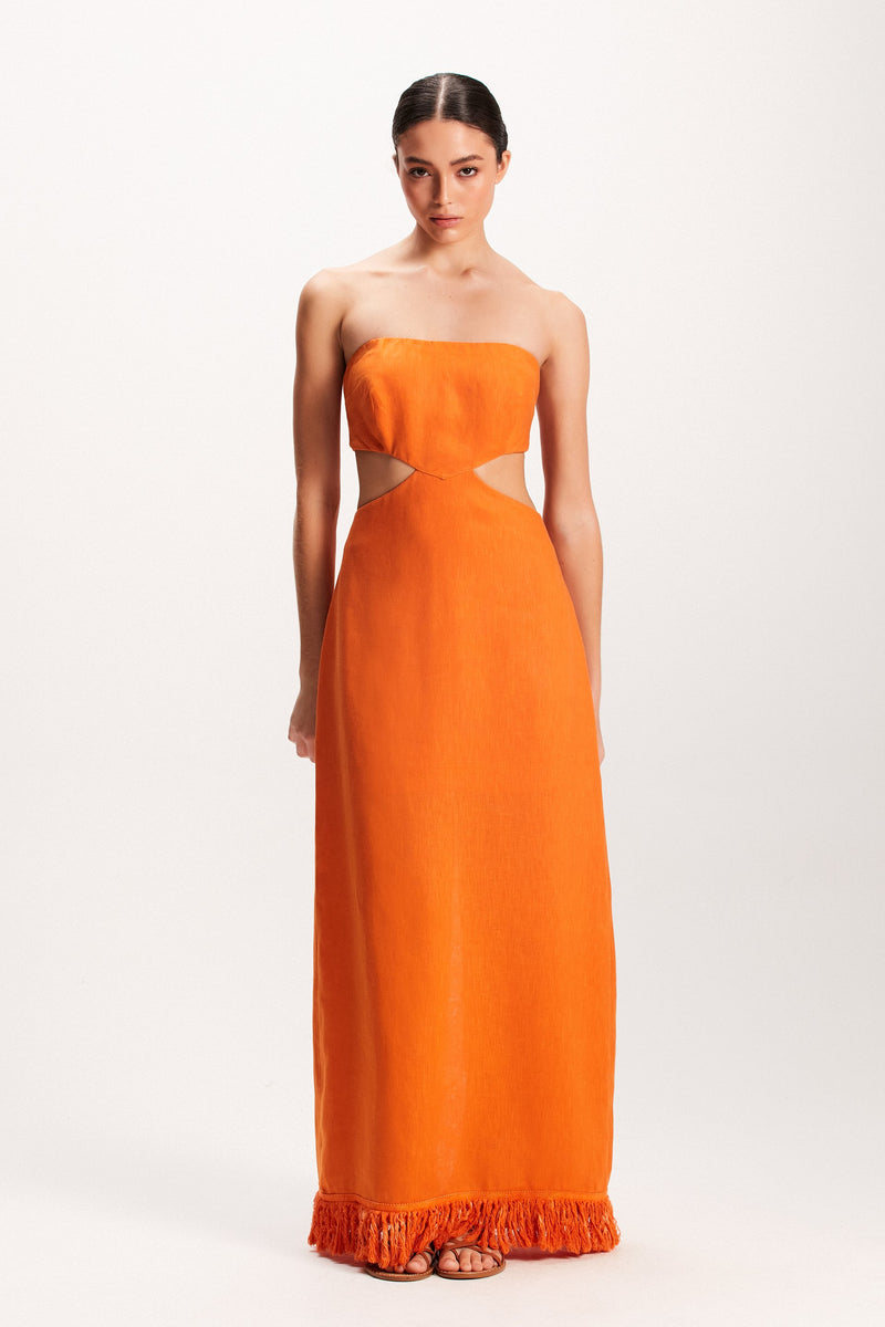 VESTIDO LONGO LINHO LARANJA FRANJAS (7939249373411)