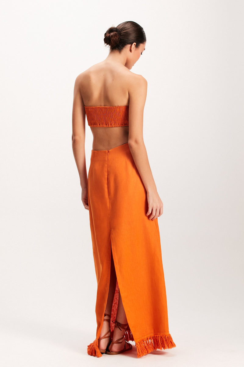 VESTIDO LONGO LINHO LARANJA FRANJAS (7939249373411)