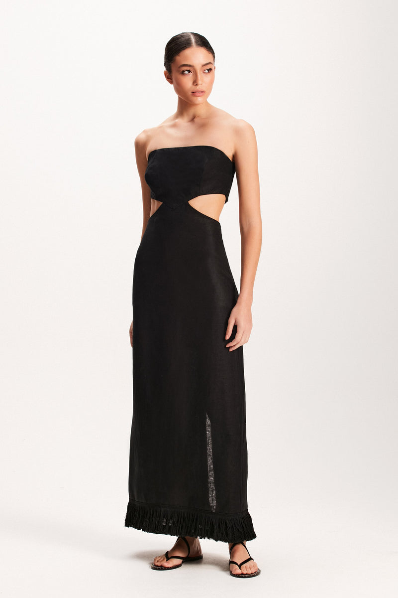 VESTIDO LONGO LINHO PRETO FRANJAS (7939250258147)