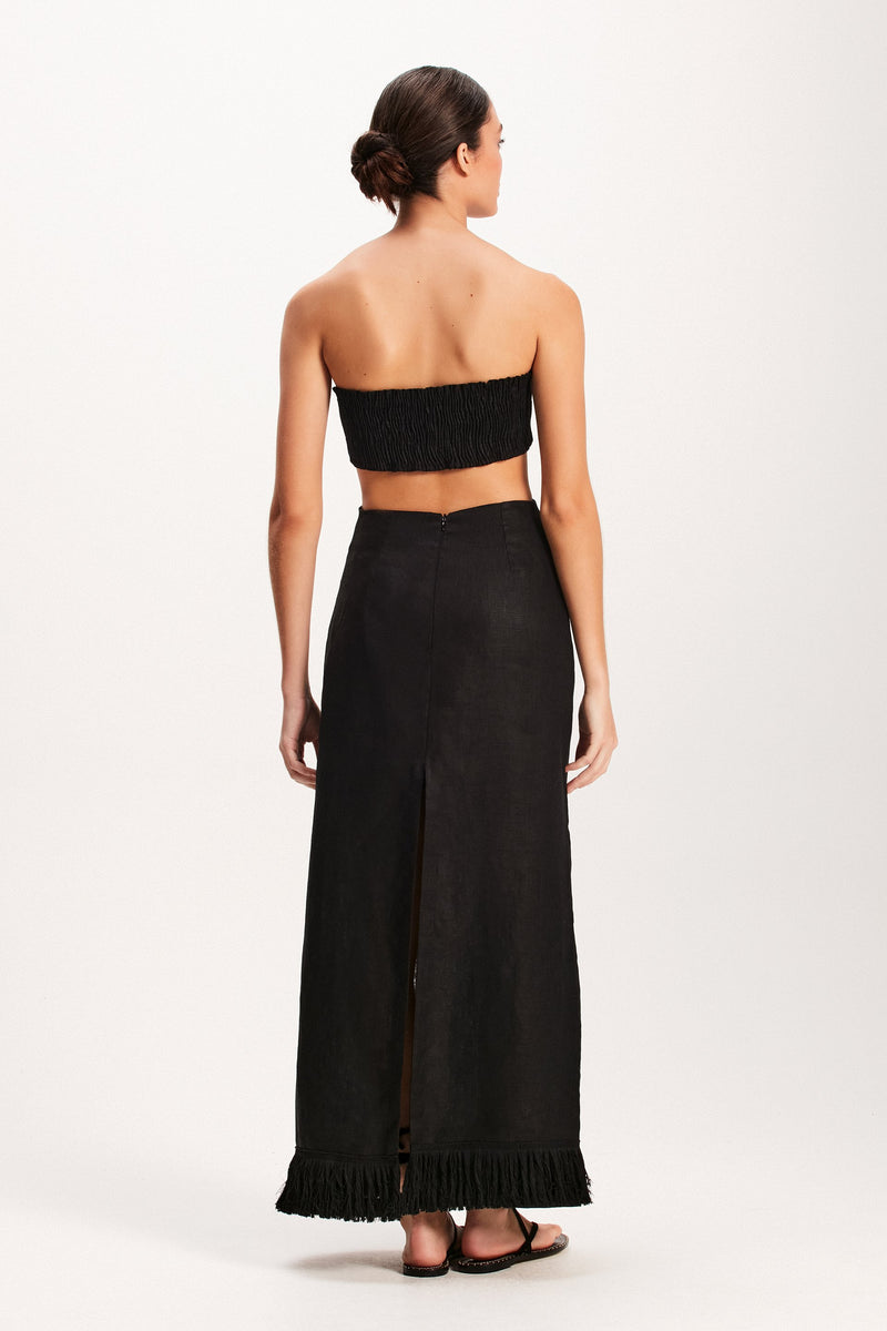 VESTIDO LONGO LINHO PRETO FRANJAS (7939250258147)