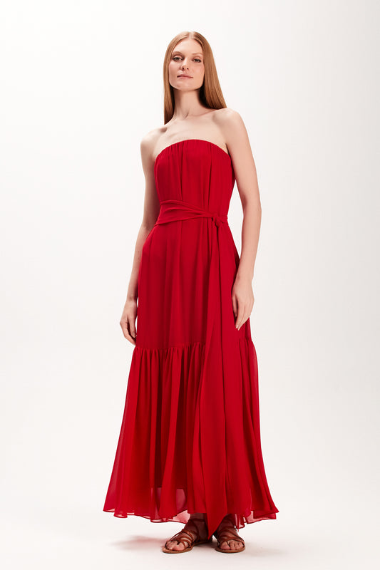 VESTIDO LONGO TOMARA QUE CAIA BABADO VERMELHO (7972818813155)