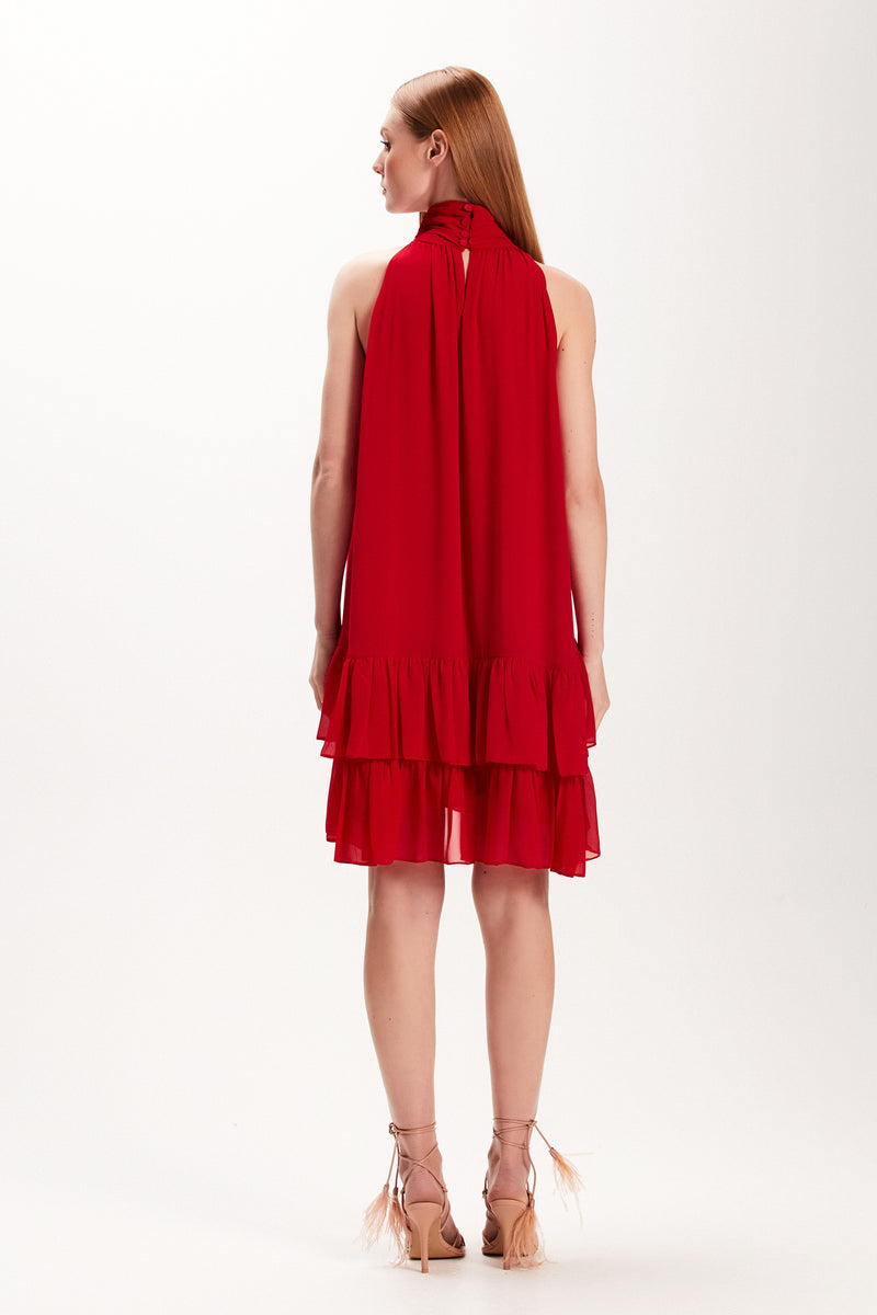 VESTIDO CURTO BABADOS GOLA ALTA VERMELHO (7972816126179)