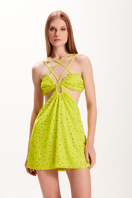 VESTIDO CURTO ALÇAS ILUSIONE AMARELO LIMÃO PEDRAS (7972814192867)