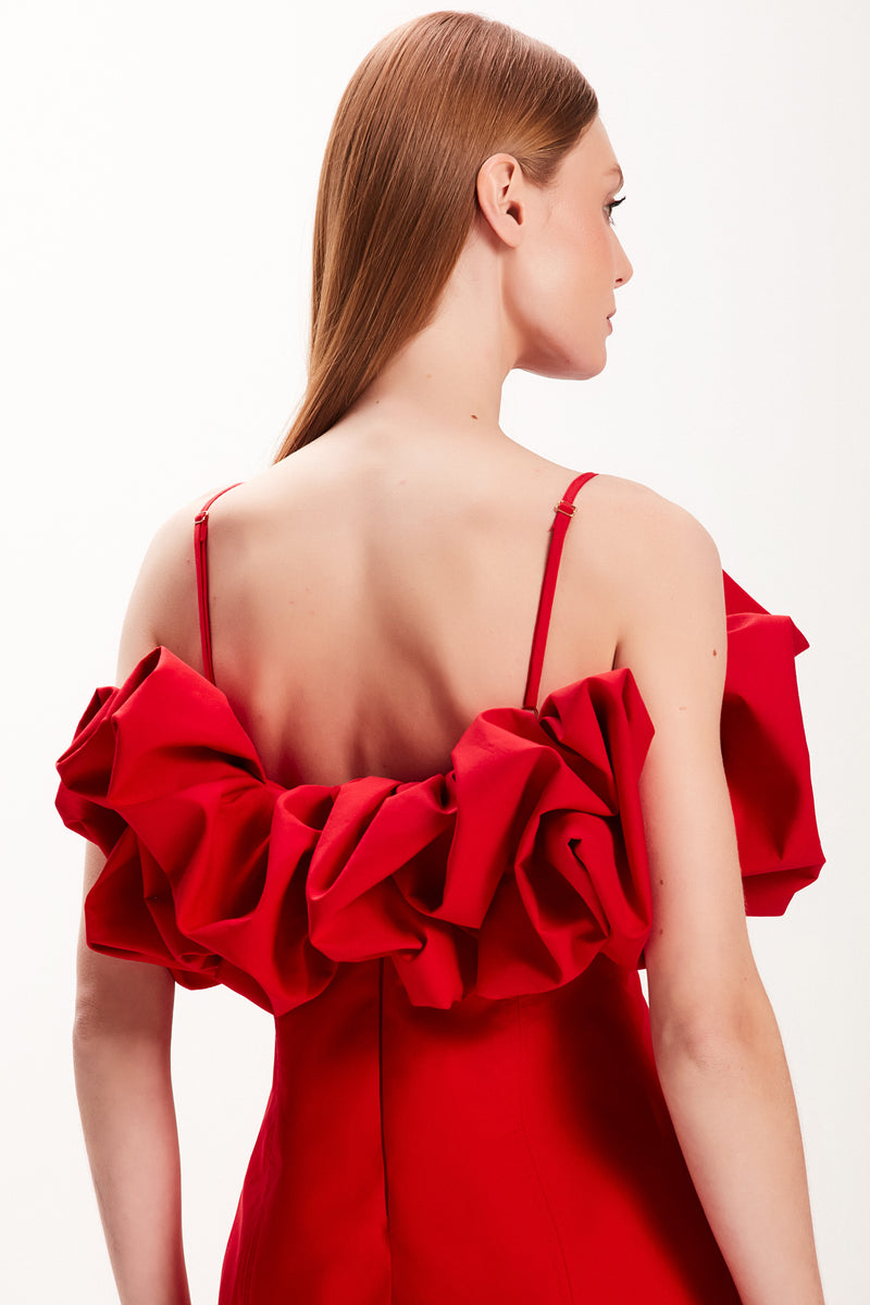 VESTIDO CURTO TRICOLINE BABADO BUSTO VERMELHO (7972817535203)