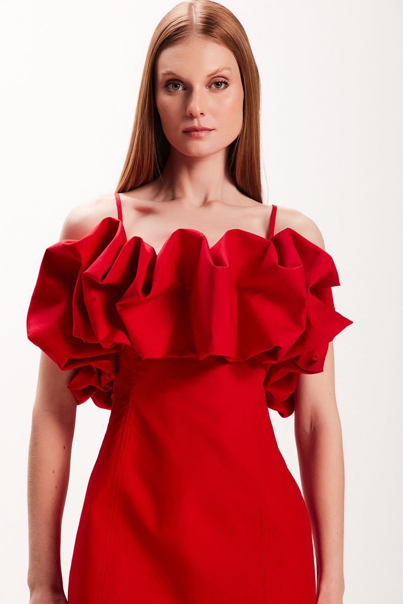 VESTIDO CURTO TRICOLINE BABADO BUSTO VERMELHO (7972817535203)