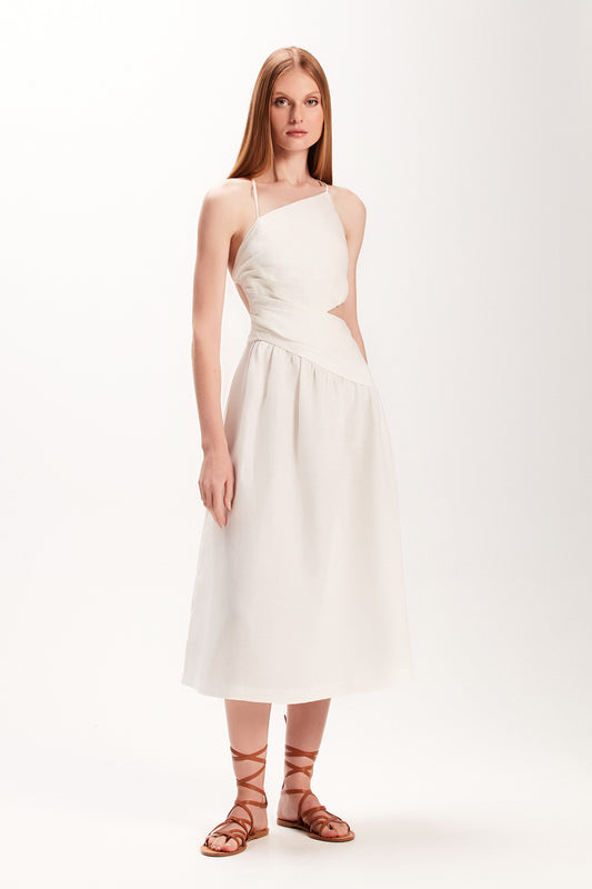 VESTIDO LINHO CORPO DRAPEADO BRANCO (7972817895651)