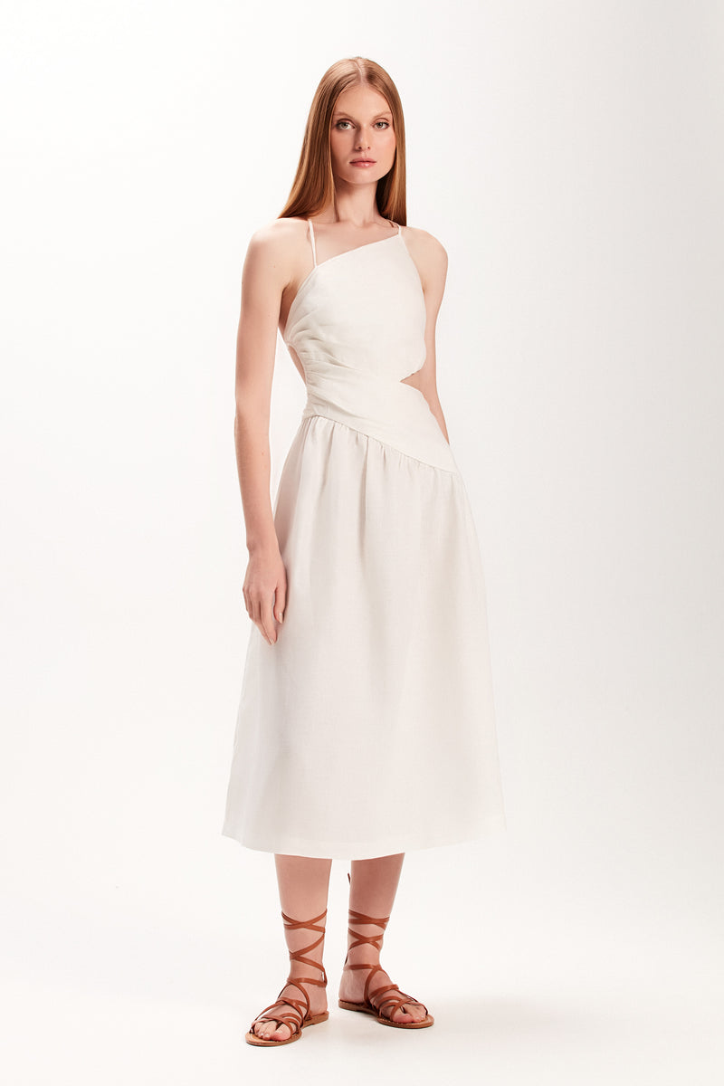 VESTIDO LINHO CORPO DRAPEADO BRANCO (7972817895651)