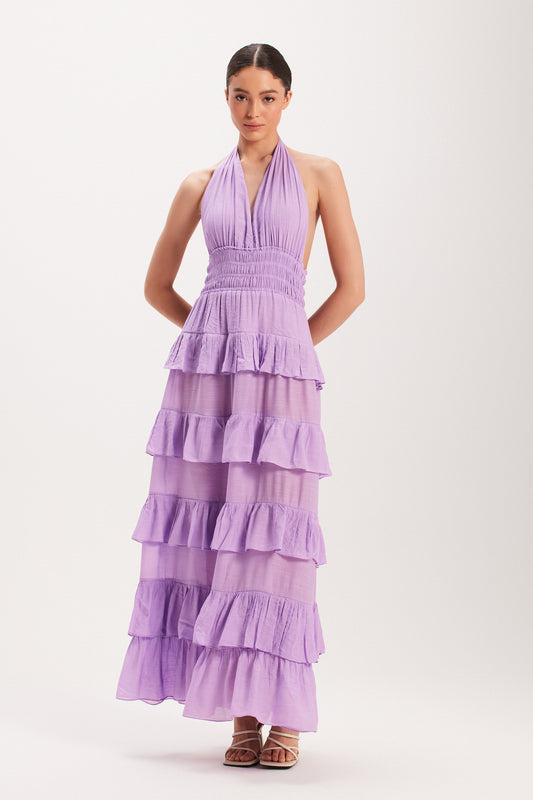 VESTIDO LONGO BABADOS FRENTE UNICA LILAS (8003072229603)