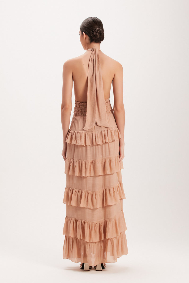 VESTIDO LONGO BABADOS FRENTE UNICA BEGE (8003072164067)