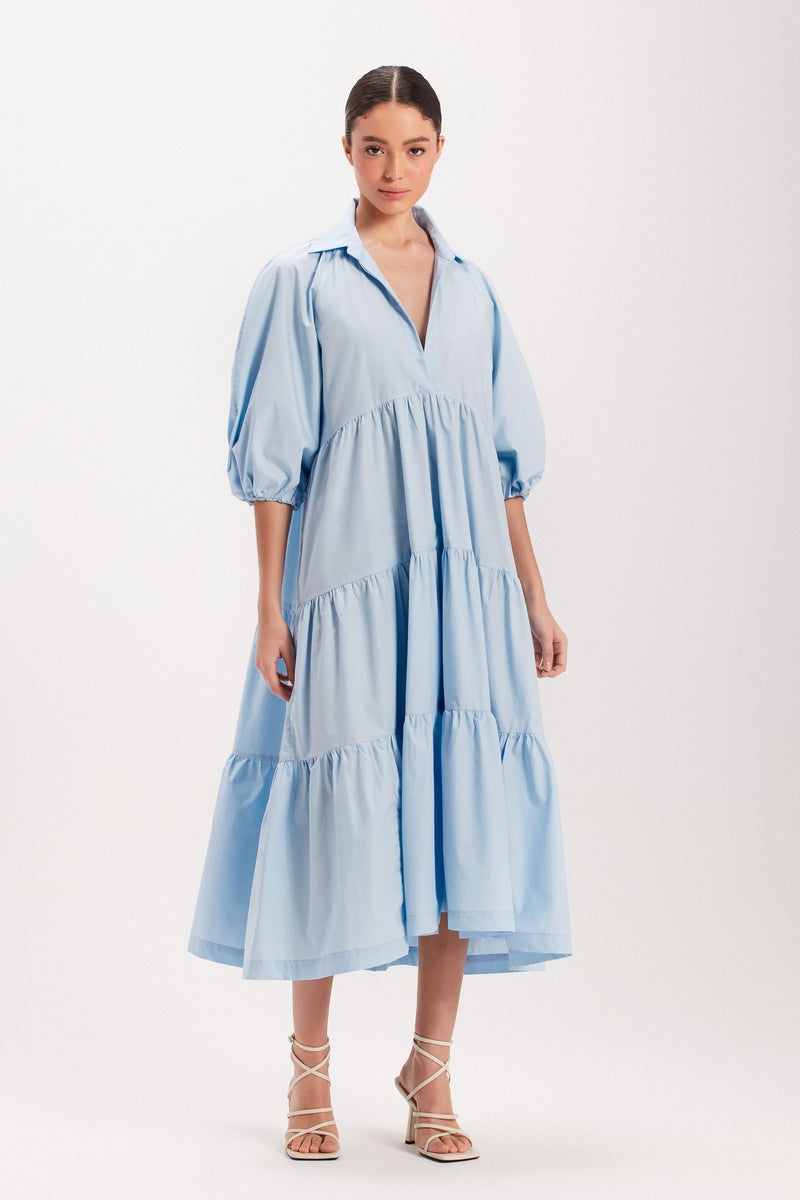 VESTIDO CAMADAS AMPLO DECOTE V TRICOLINE AZUL (8003072065763)