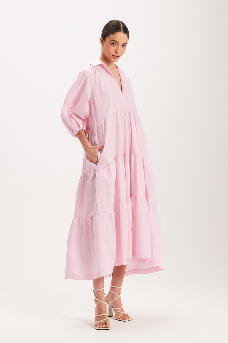 VESTIDO CAMADAS AMPLO DECOTE V TRICOLINE ROSA (8003072131299)