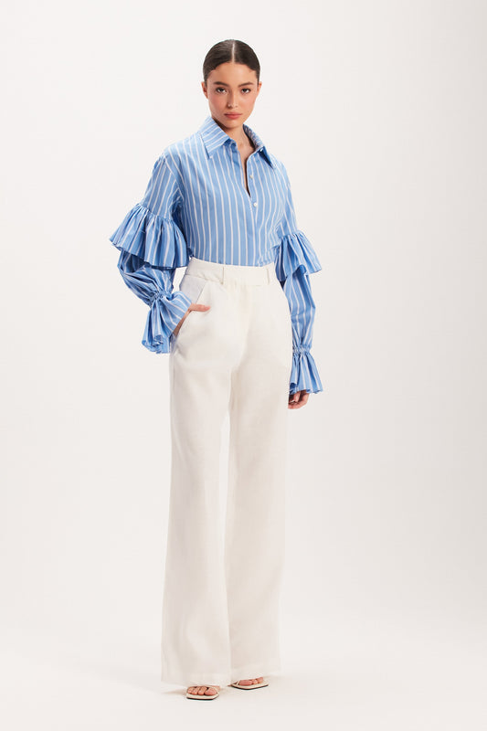 CAMISA TRICOLINE LISTRADA AZUL MANGA BABADOS (8003070066915)