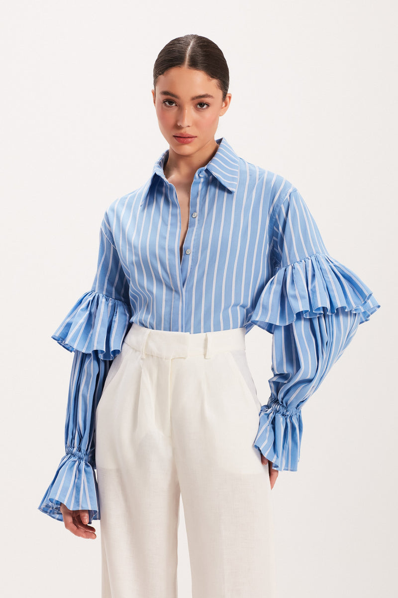 CAMISA TRICOLINE LISTRADA AZUL MANGA BABADOS (8003070066915)