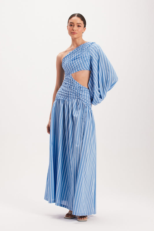 VESTIDO LONGO DRAPEADO TRICOLINE LISTRADA AZUL (8003072295139)