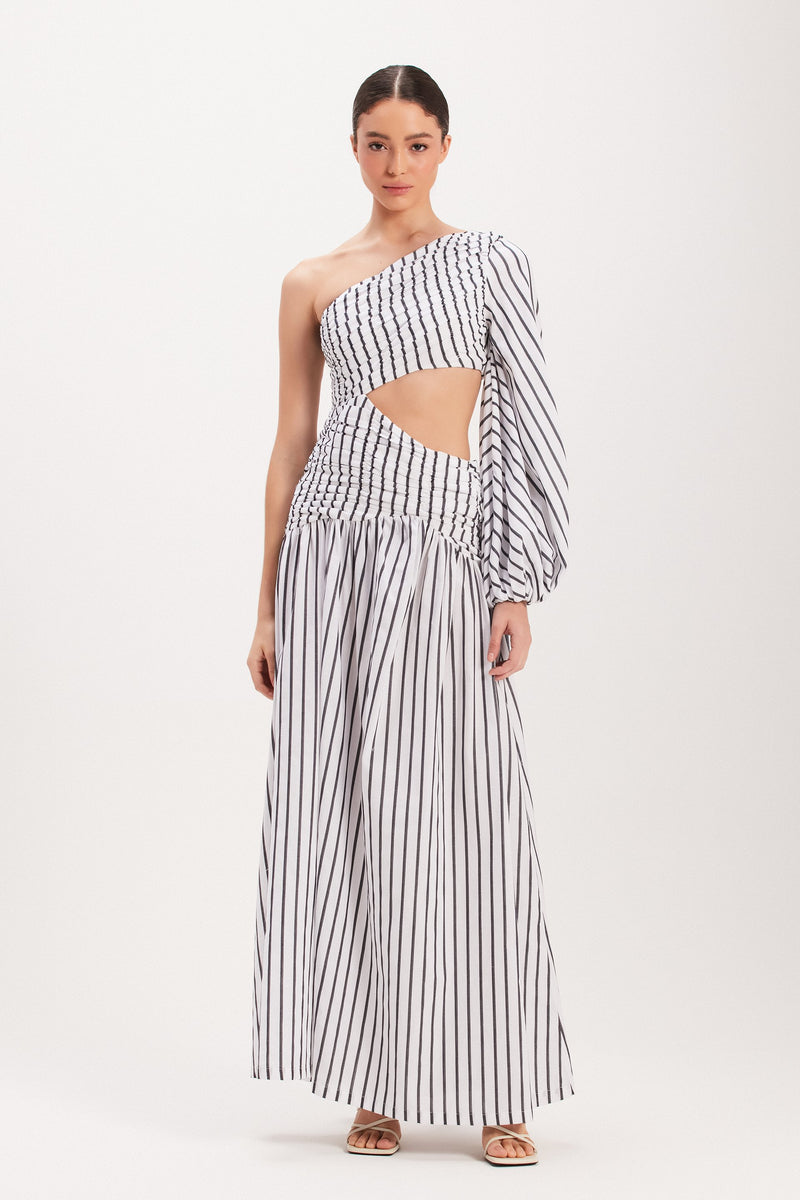 VESTIDO LONGO DRAPEADO TRICOLINE LISTRADA BRANCA (8003072327907)
