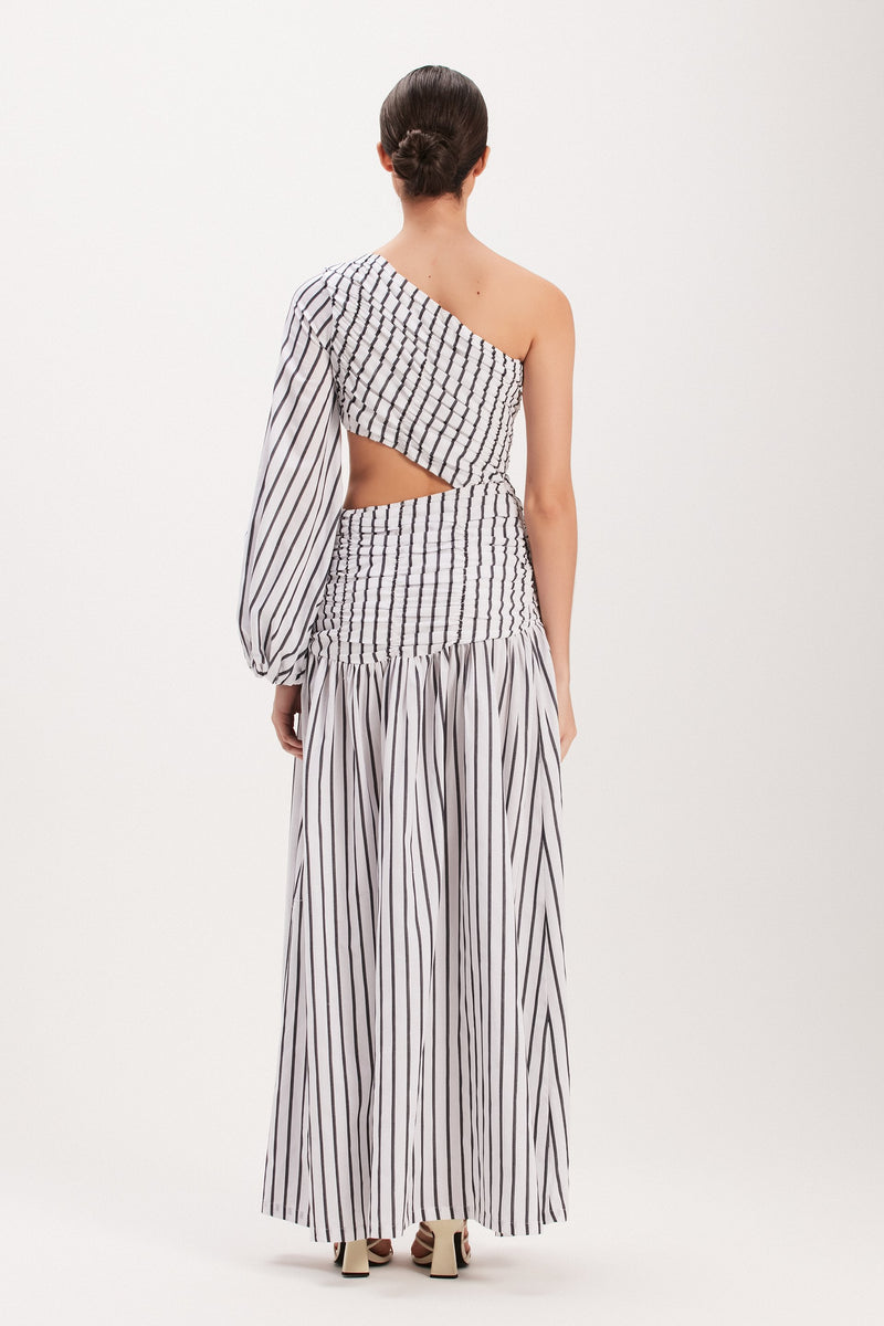 VESTIDO LONGO DRAPEADO TRICOLINE LISTRADA BRANCA (8003072327907)