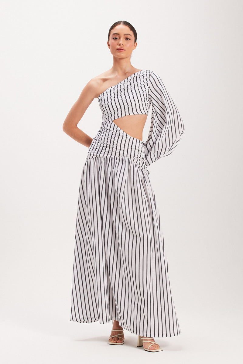 VESTIDO LONGO DRAPEADO TRICOLINE LISTRADA BRANCA (8003072327907)