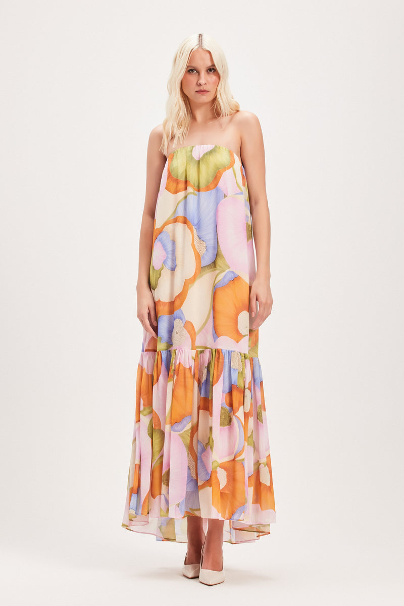 VESTIDO LONGO TOMARA QUE CAIA BABADO ESTAMPA FLORAL CLARA (8030304141539)