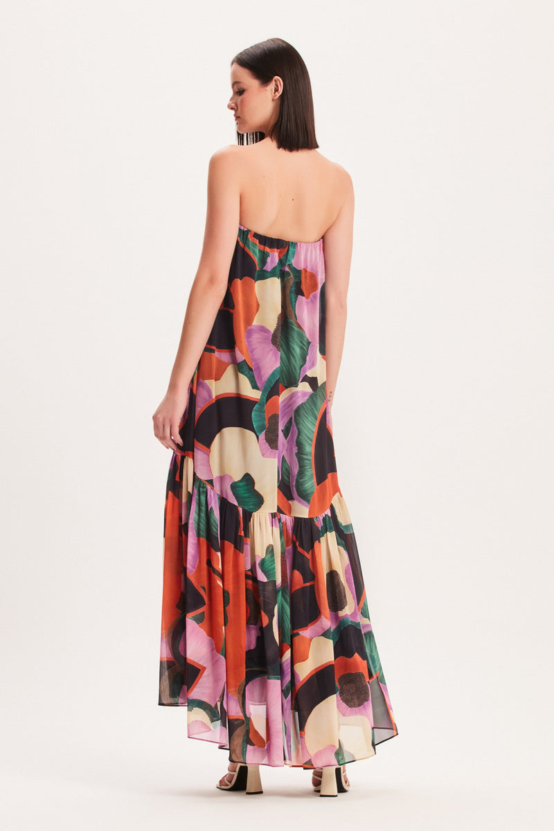 VESTIDO LONGO TOMARA QUE CAIA BABADO ESTAMPA FLORAL ESCURA (8030304207075)