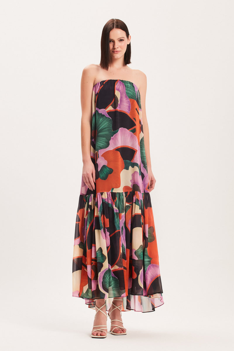 VESTIDO LONGO TOMARA QUE CAIA BABADO ESTAMPA FLORAL ESCURA (8030304207075)