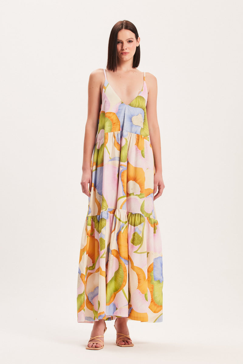 VESTIDO LONGO ALÇAS CAMADAS TRICOLINE ESTAMPA FLORAL CLARA (8030303191267)