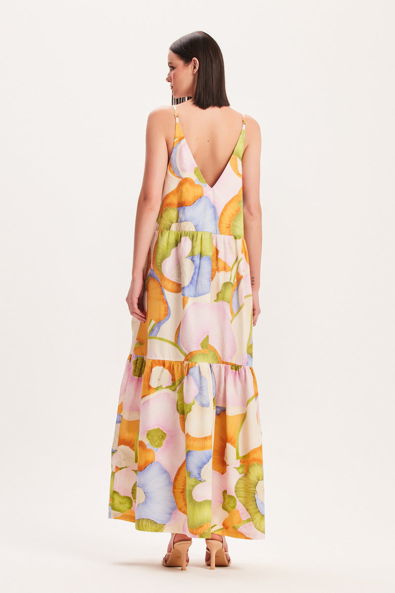 VESTIDO LONGO ALÇAS CAMADAS TRICOLINE ESTAMPA FLORAL CLARA (8030303191267)