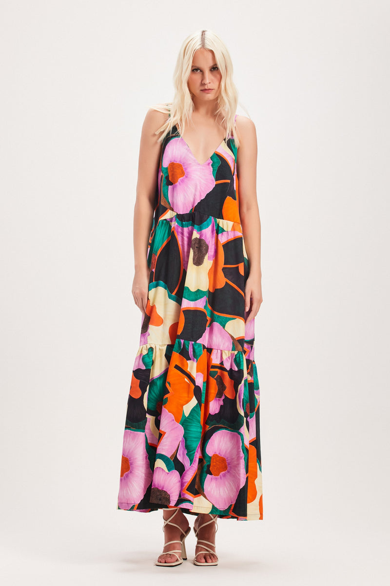 VESTIDO LONGO ALÇAS CAMADAS TRICOLINE ESTAMPA FLORAL ESCURA (8030303322339)