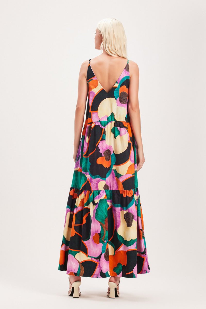 VESTIDO LONGO ALÇAS CAMADAS TRICOLINE ESTAMPA FLORAL ESCURA (8030303322339)