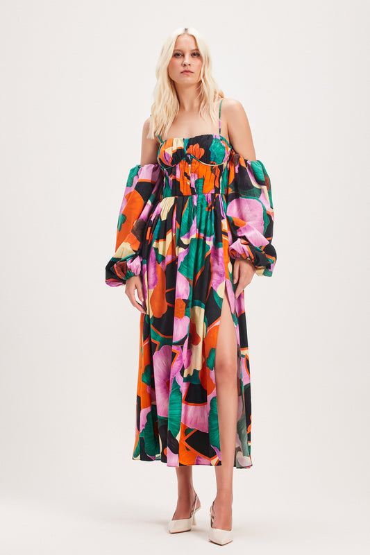 VESTIDO MIDI PEITO DRAPEADO TRICOLINE ESTAMPA FLORAL ESCURA (8030304305379)