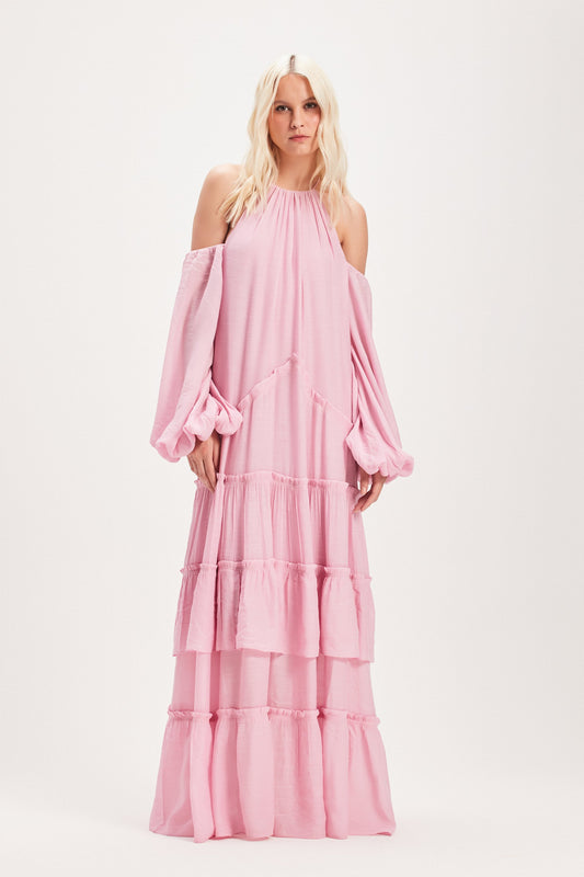 VESTIDO LONGO AMPLO CAMADAS ROSA (8030303977699)