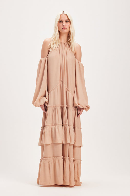 VESTIDO LONGO AMPLO CAMADAS BEGE (8030303781091)