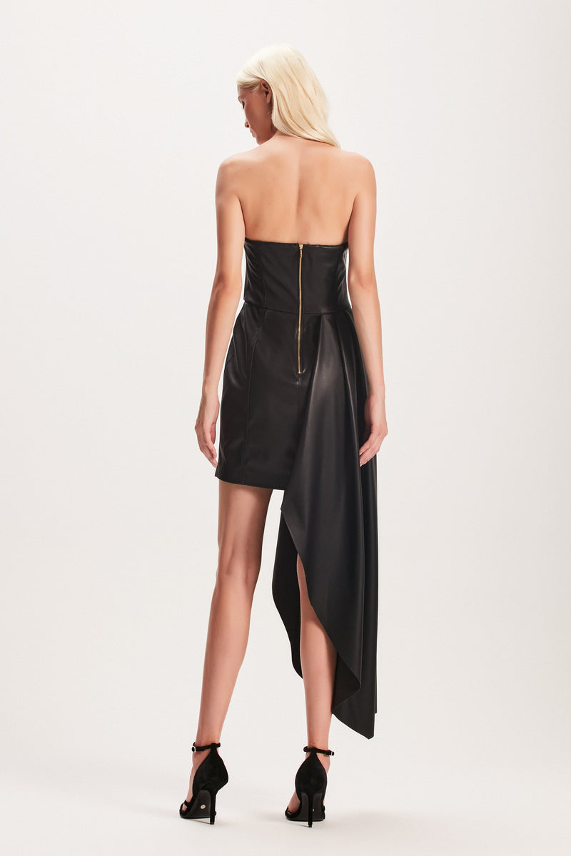 VESTIDO TOMARA QUE CAIA ASSIMÉTRICO PU PRETO (8049936269539)