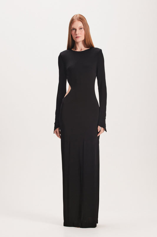 VESTIDO LONGO JERSEY ABERTURA LATERAL PRETO (8049935188195)
