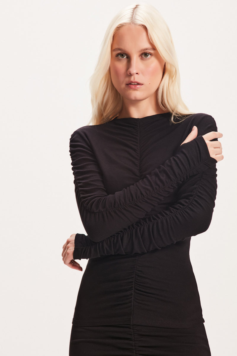 BLUSA DRAPEADA MALHA MANGA LONGA PRETA (8049932009699)